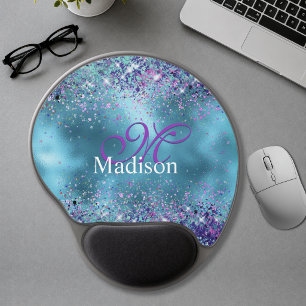 Chic Blue pink iridescent glitter monogram Gel Mouse Pad