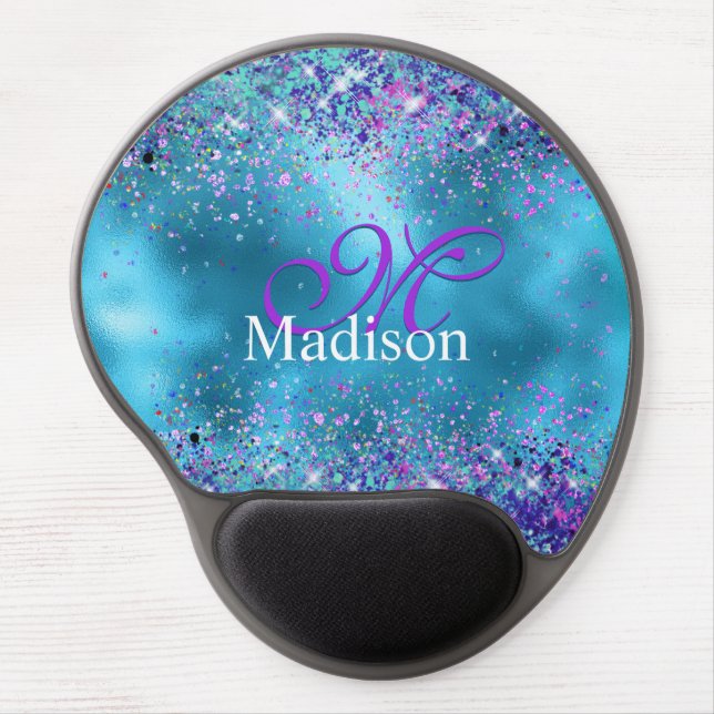 Chic Blue pink iridescent glitter monogram Gel Mouse Pad (Front)