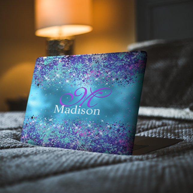 Chic Blue pink iridescent glitter monogram HP Laptop Skin (Creator Uploaded)