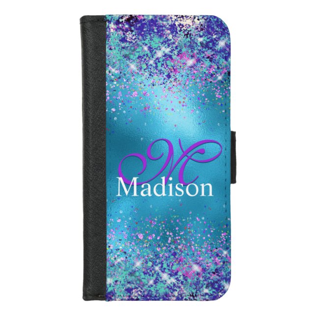 Chic Blue pink iridescent glitter monogram iPhone Wallet Case (Front)