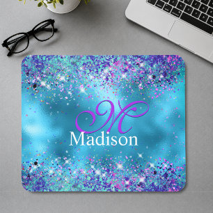 Chic Blue pink iridescent glitter monogram Mouse Pad