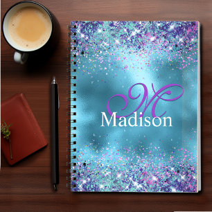 Chic Blue pink iridescent glitter monogram Notebook