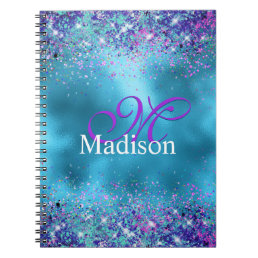 Chic Blue pink iridescent glitter monogram Notebook