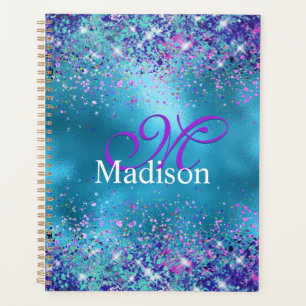Chic Blue pink iridescent glitter monogram Planner