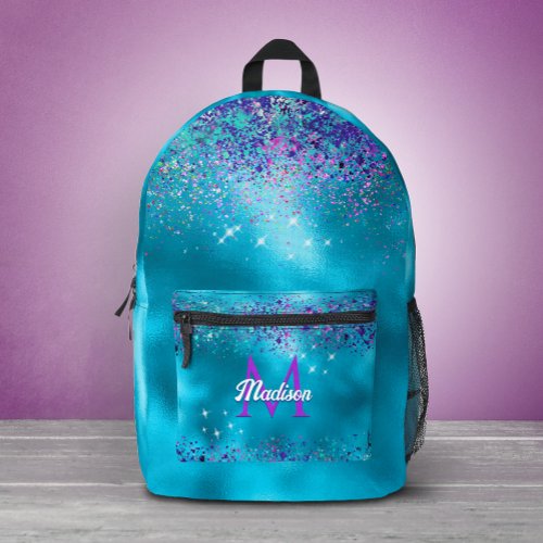 Chic Blue pink iridescent glitter monogram Printed Backpack