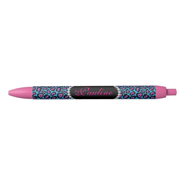 Chic Blue/Pink Leopard Print Faux Diamond Monogram Pen (Front)