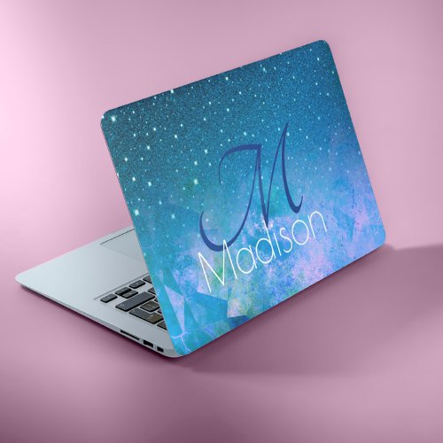 Chic blue pink ombre glitter monogram HP laptop skin