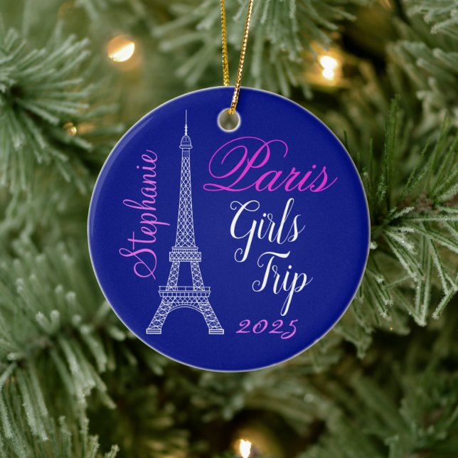 Chic Blue Pink Paris Eiffel Tower Girls Trip Ceramic Ornament (Tree)