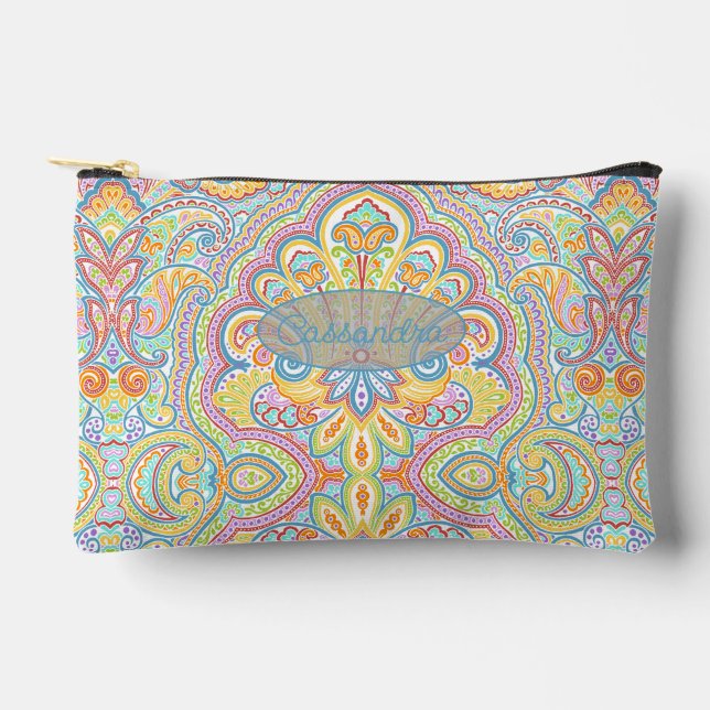 Chic Blue Pink Purple Orange Paisley Pattern Accessory Pouch (Front)