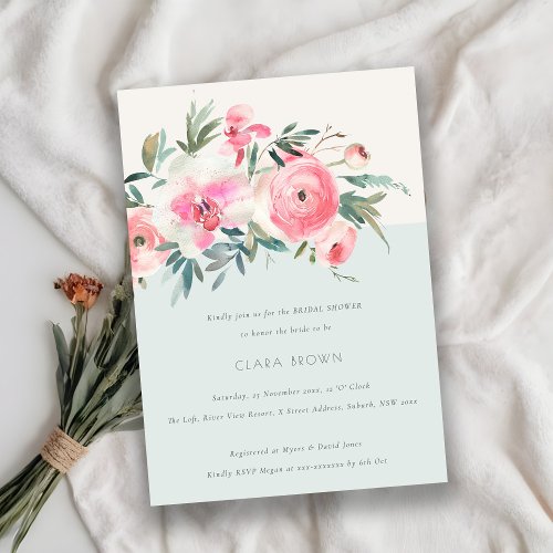 Chic Blue Pink Rose Orchid Floral Bridal Shower Invitation