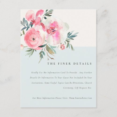 Chic Blue Pink Rose Orchid Floral Wedding Details Enclosure Card