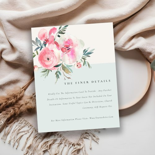 Chic Blue Pink Rose Orchid Floral Wedding Details Enclosure Card