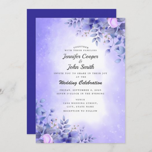 Chic Blue Pink Roses Watercolor Wedding   Invitati