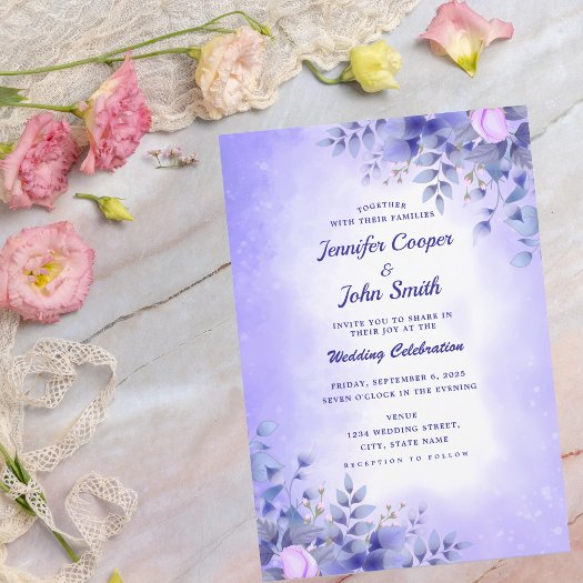 Chic Blue Pink Roses Watercolor Wedding   Invitati