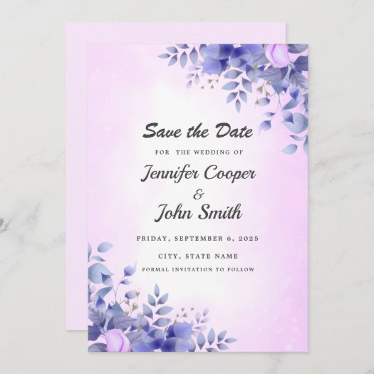 Chic Blue Watercolor Pink Roses Wedding