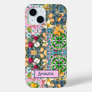 Chic blue pink sicilian citrus floral tiles iPhone 15 case