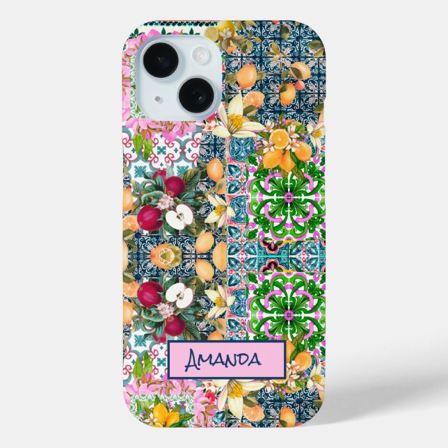 Chic blue pink sicilian citrus floral tiles Case-Mate iPhone case (Back)