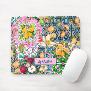 Chic blue pink sicilian citrus floral tiles mouse pad