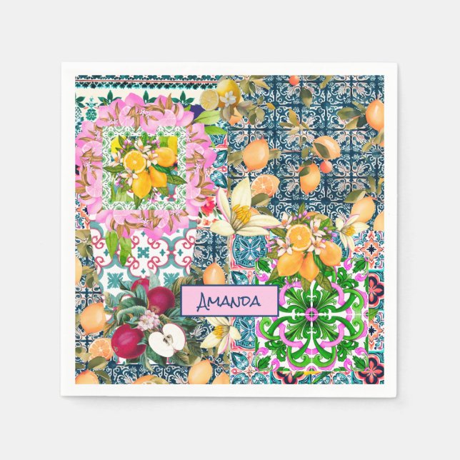Chic blue pink sicilian citrus floral tiles napkins (Front)