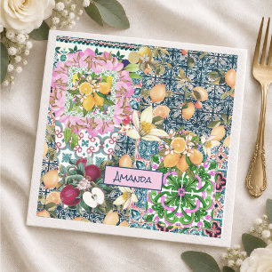 Chic blue pink sicilian citrus floral tiles napkins