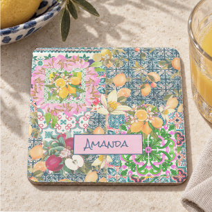 Chic blue pink sicilian citrus floral tiles stone coaster