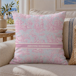 Chic Blue Pink Vintage French Toile de Jouy Throw Pillow