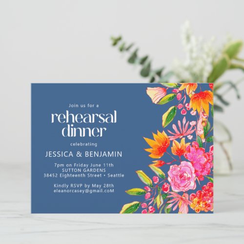 Chic Blue Pink Watercolor Floral Rehearsal Dinner Invitation