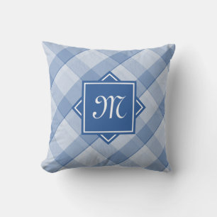 Chic Blue Plaid With Modern Diagonal Monogram Throw Pillow