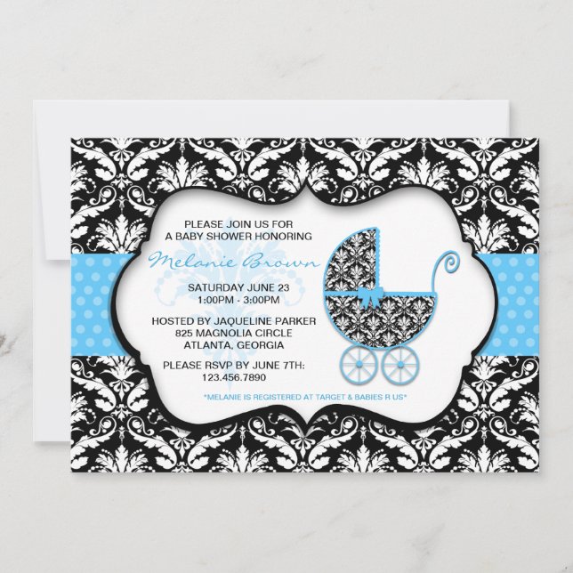 Chic Blue Polka Dot Damask Baby Shower Invite (Front)
