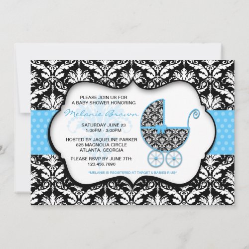 Chic Blue Polka Dot Damask Baby Shower Invite