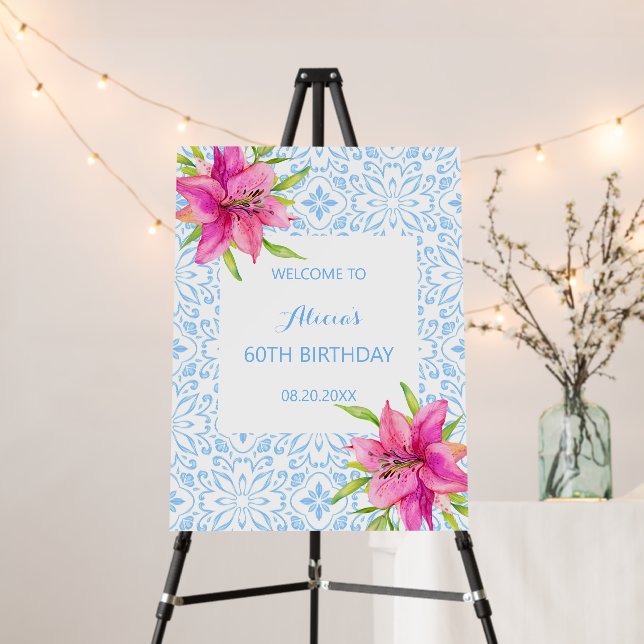 Chic Blue Portuguese Azulejo Mosaic Lily Birthday Foam Board (In Situ (Stand))