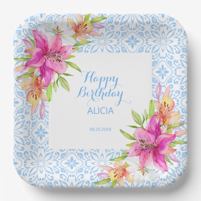 Chic Blue Portuguese Azulejo Mosaic Lily Birthday Paper Plates (Front)