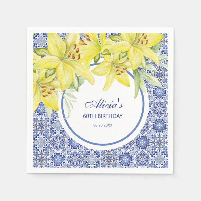 Chic Blue Portuguese Azulejo Yellow Lily Birthday Napkins (Front)