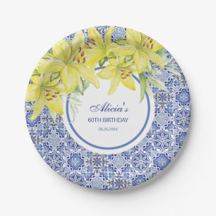 Chic Blue Portuguese Azulejo Yellow Lily Birthday Paper Plates