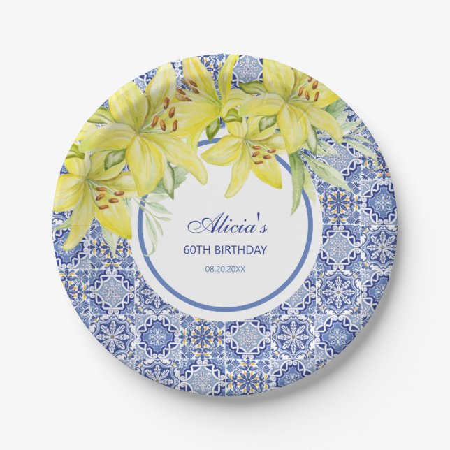 Chic Blue Portuguese Azulejo Yellow Lily Birthday Paper Plates (Front)