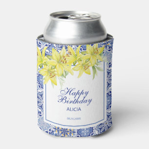 Chic Blue Portuguese Azulejo Yellow Lily Can Cooler