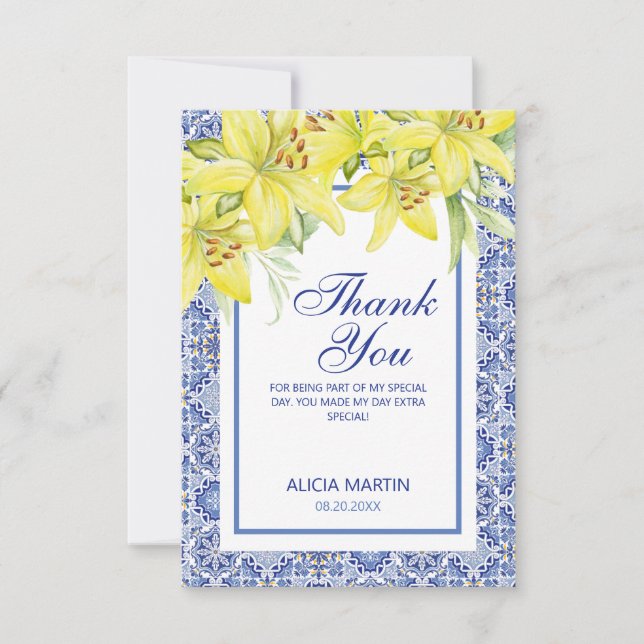 Chic Blue Portuguese Azulejo Yellow Lily Thank You Card (Front)