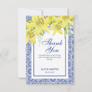 Chic Blue Portuguese Azulejo Yellow Lily Thank You Card