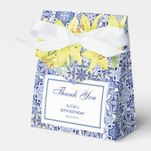 Chic Blue Portuguese Azulejo Yellow Lily Thank You Favor Boxes