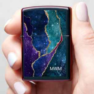 Chic Blue Purple Aqua Gold Veins Agate Monogram Zippo Lighter