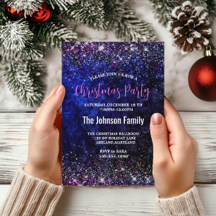 Chic blue purple faux glitter Christmas Invitation