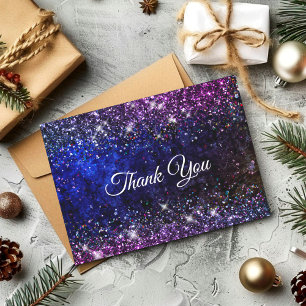Chic blue purple faux glitter thank you card