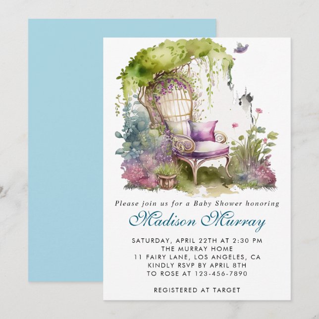 Chic Blue & Purple Floral Garden Chair Baby Shower Invitation (Front/Back)