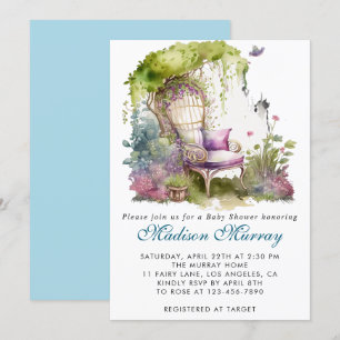 Chic Blue & Purple Floral Garden Chair Baby Shower Invitation