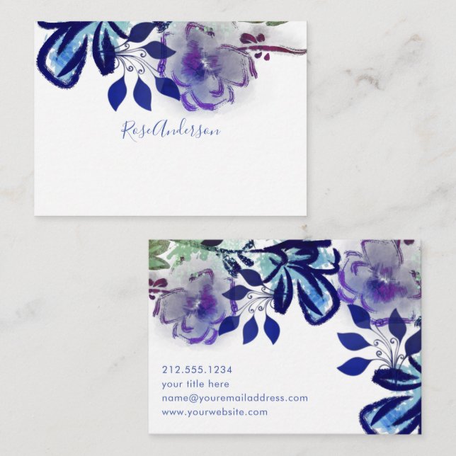 Chic Blue Purple Floral Typography Note Card (Front/Back)