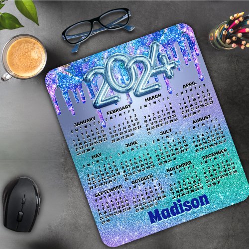 Chic blue purple glitter drips 2024 calendar  mouse pad