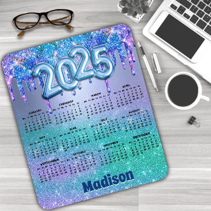 Chic blue purple glitter drips 2025 calendar  mouse pad