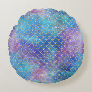 Chic Blue Purple Mermaid Scales Round Pillow