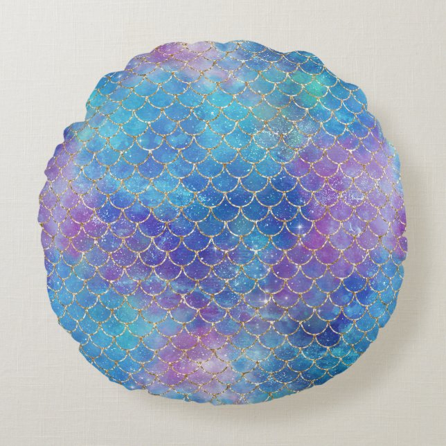Chic Blue Purple Mermaid Scales Round Pillow (Front)