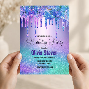Chic blue purple ombre dripping glitter monogram invitation